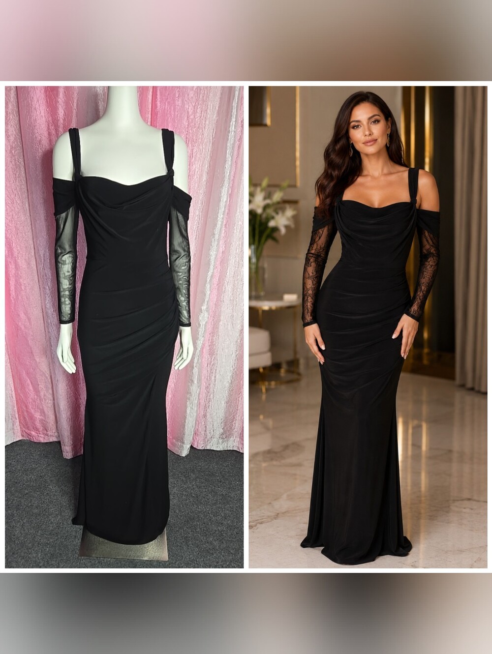 Club L London Exquisite Black Sheer Sleeves Ruched Cocktail Evening Dress Size 6
